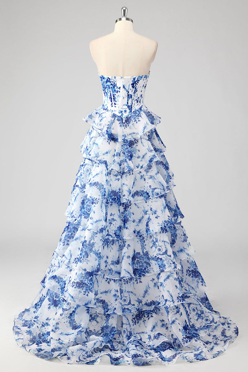 Load image into Gallery viewer, Blush Floral A Line Strapless Corset Tiered Prom Dress