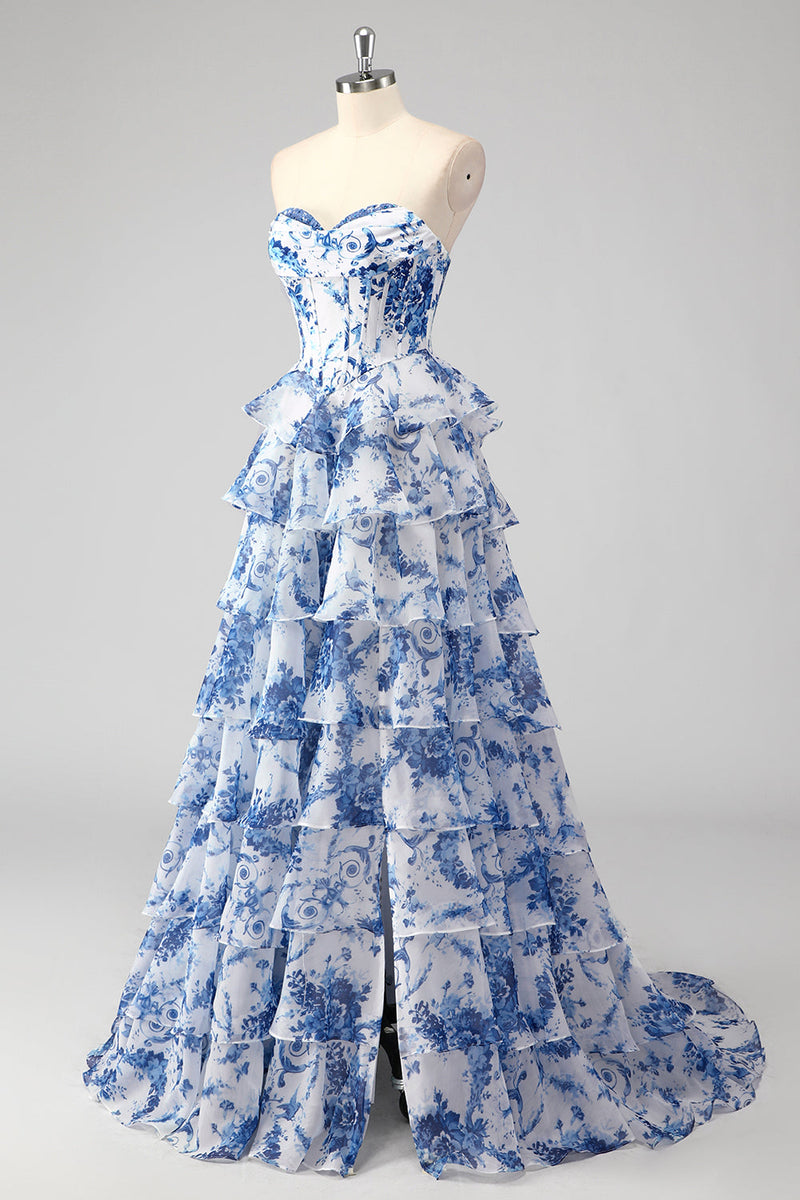 Load image into Gallery viewer, Blush Floral A Line Strapless Corset Tiered Prom Dress