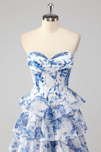Blush Floral A Line Strapless Corset Tiered Prom Dress