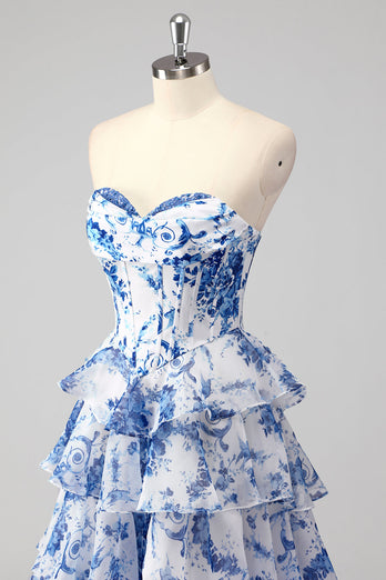 Blush Floral A Line Strapless Corset Tiered Prom Dress