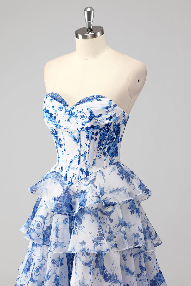 Load image into Gallery viewer, Blush Floral A Line Strapless Corset Tiered Prom Dress