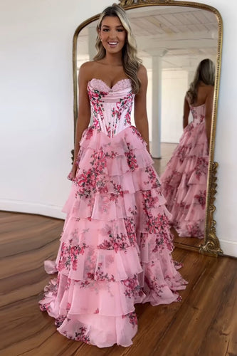 Blush Floral Tiered Corset Strapless Prom Dress with Slit