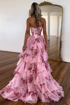 Blush Floral Tiered Corset Strapless Prom Dress with Slit
