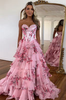 Load image into Gallery viewer, Blush Floral Tiered Corset Strapless Prom Dress with Slit
