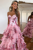 Load image into Gallery viewer, Blush Floral Tiered Corset Strapless Prom Dress with Slit