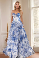Load image into Gallery viewer, Blue White Flower A Line Tiered Long Prom Dress with Slit