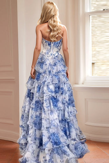 Blue White Flower A Line Tiered Long Prom Dress with Slit