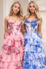 Load image into Gallery viewer, Blue White Flower A Line Tiered Long Prom Dress with Slit