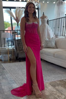 Load image into Gallery viewer, Light Blue Spaghetti Straps Mermaid Beaded Long Corset Prom Dress with Slit