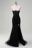 Load image into Gallery viewer, Sparkly Black Mermaid Corset Beaded Long Prom Dress with Slit