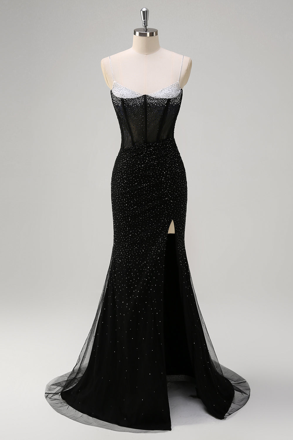 Sparkly Black Mermaid Corset Beaded Long Prom Dress with Slit