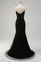 Load image into Gallery viewer, Sparkly Black Mermaid Corset Beaded Long Prom Dress with Slit