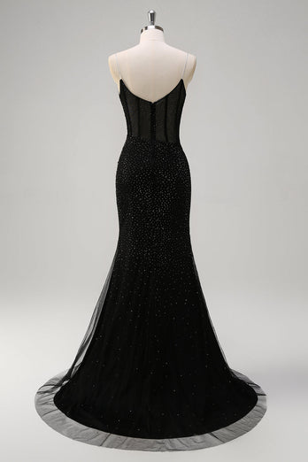 Sparkly Black Mermaid Corset Beaded Long Prom Dress with Slit