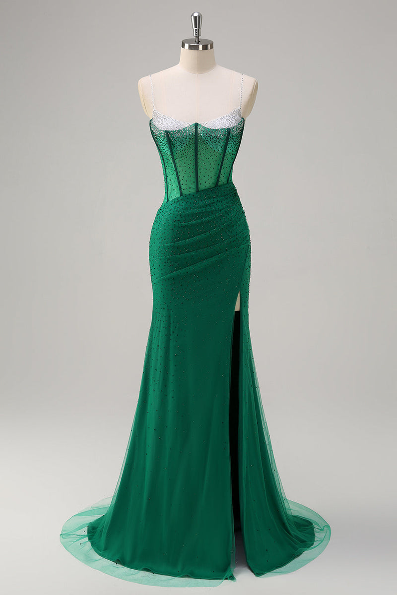 Load image into Gallery viewer, Sparkly Black Mermaid Corset Beaded Long Prom Dress with Slit
