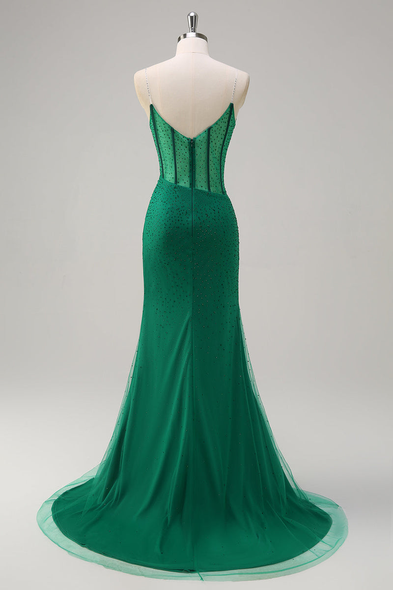 Load image into Gallery viewer, Sparkly Black Mermaid Corset Beaded Long Prom Dress with Slit