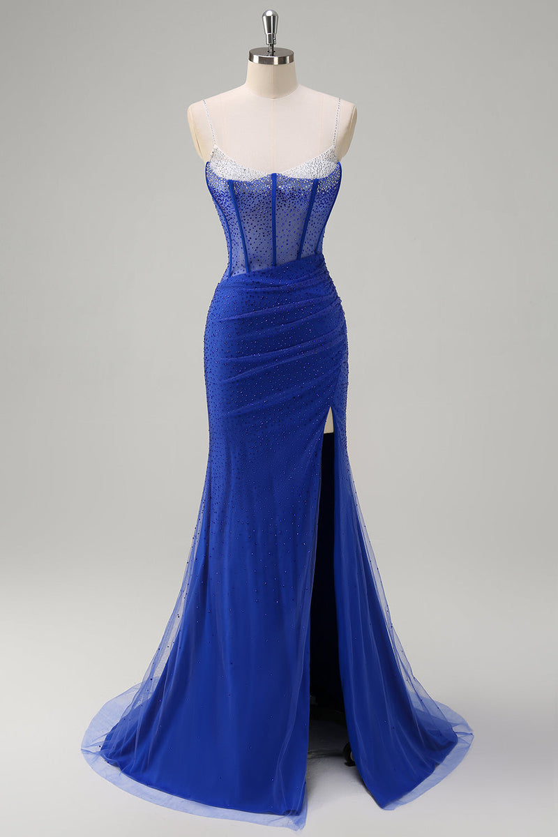 Load image into Gallery viewer, Sparkly Black Mermaid Corset Beaded Long Prom Dress with Slit