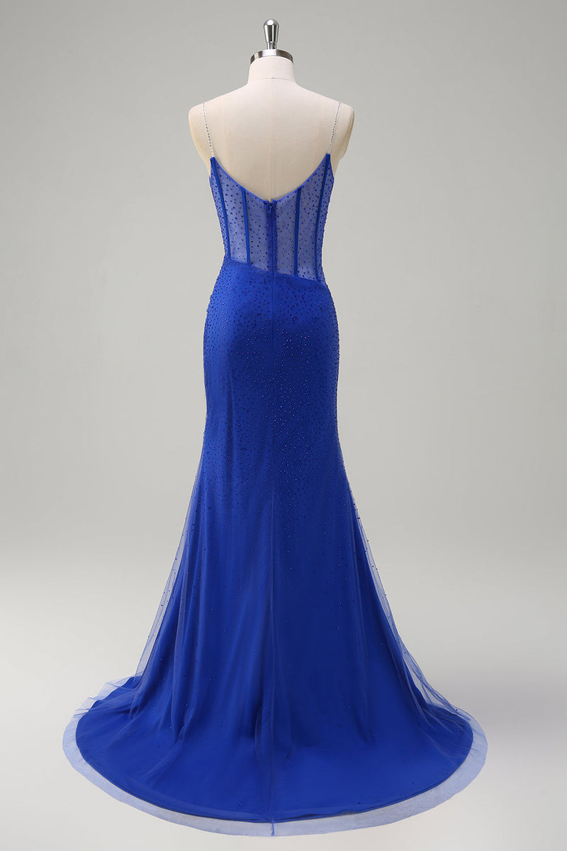 Load image into Gallery viewer, Sparkly Black Mermaid Corset Beaded Long Prom Dress with Slit