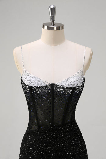 Sparkly Black Mermaid Corset Beaded Long Prom Dress with Slit
