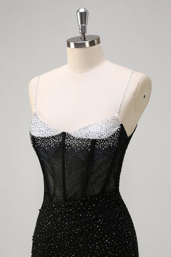 Sparkly Black Mermaid Corset Beaded Long Prom Dress with Slit