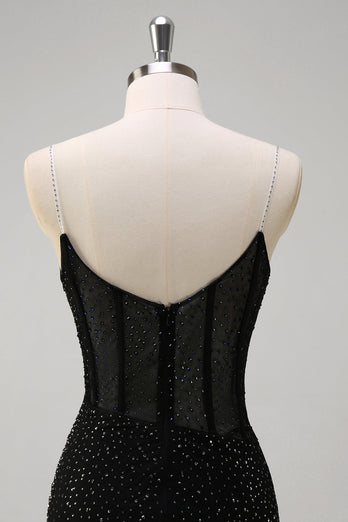 Sparkly Black Mermaid Corset Beaded Long Prom Dress with Slit