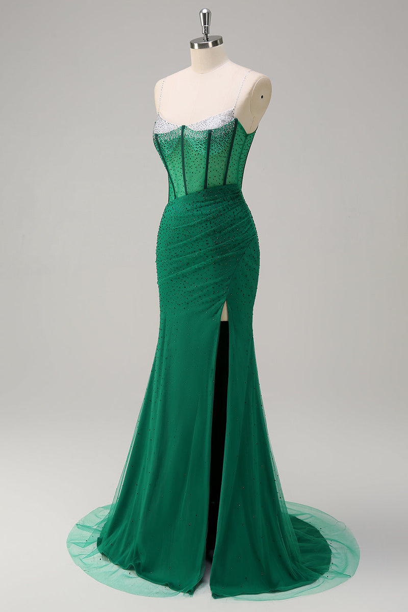 Load image into Gallery viewer, Sparkly Black Mermaid Corset Beaded Long Prom Dress with Slit