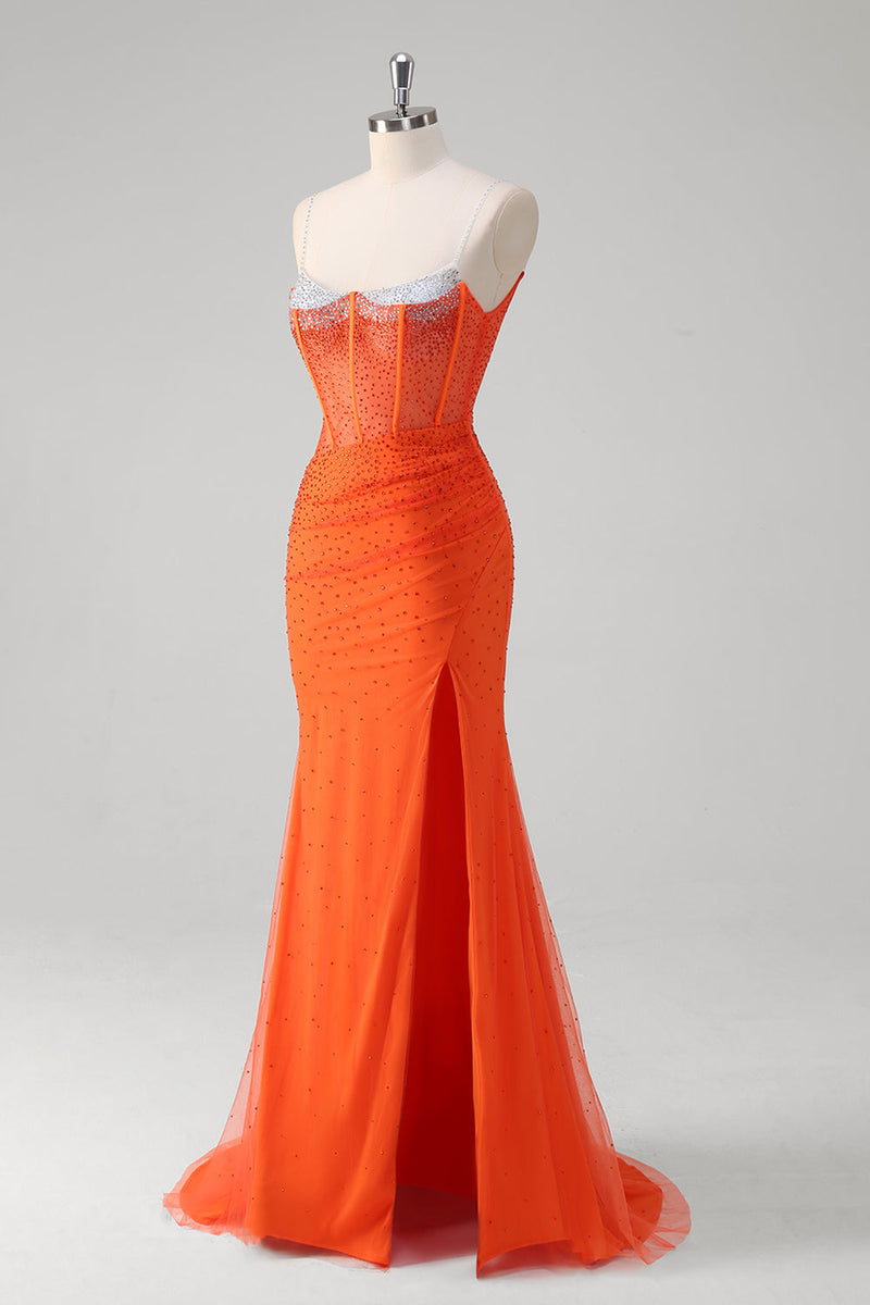 Load image into Gallery viewer, Sparkly Black Mermaid Corset Beaded Long Prom Dress with Slit