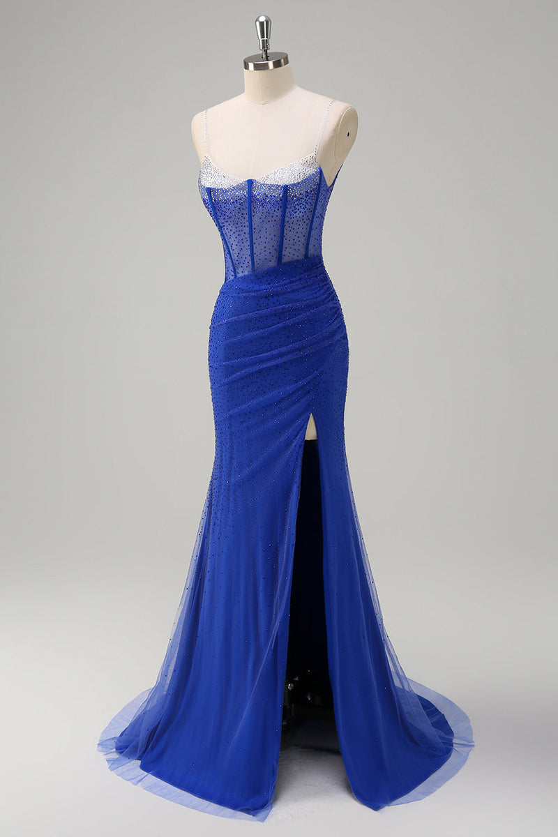 Load image into Gallery viewer, Sparkly Black Mermaid Corset Beaded Long Prom Dress with Slit