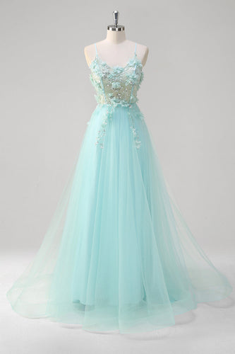 A Line Spaghetti Straps Green Sequin Prom Dress With 3D Flowers