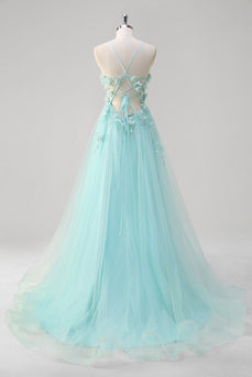 A Line Spaghetti Straps Green Sequin Prom Dress With 3D Flowers