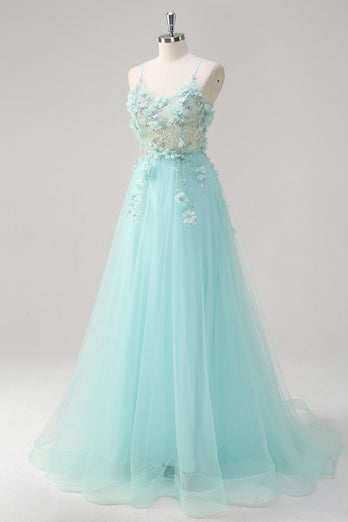 A Line Spaghetti Straps Green Sequin Prom Dress With 3D Flowers