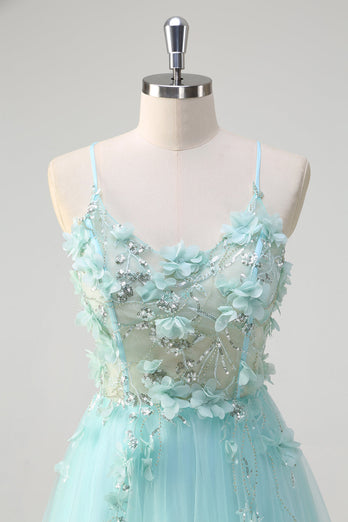 A Line Spaghetti Straps Green Sequin Prom Dress With 3D Flowers