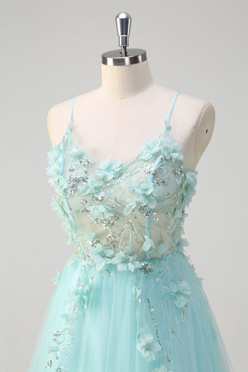 A Line Spaghetti Straps Green Sequin Prom Dress With 3D Flowers