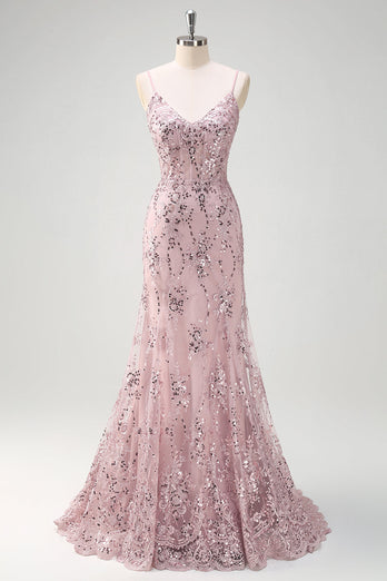Sparkly Grey Pink Mermaid V Neck Sequined Prom Dress