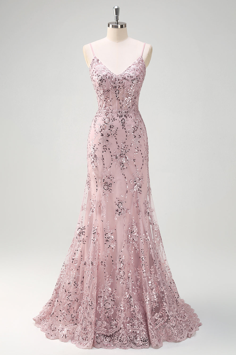 Sparkly Grey Pink Mermaid V Neck Sequined Prom Dress