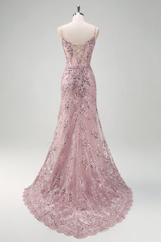 Sparkly Grey Pink Mermaid V Neck Sequined Prom Dress