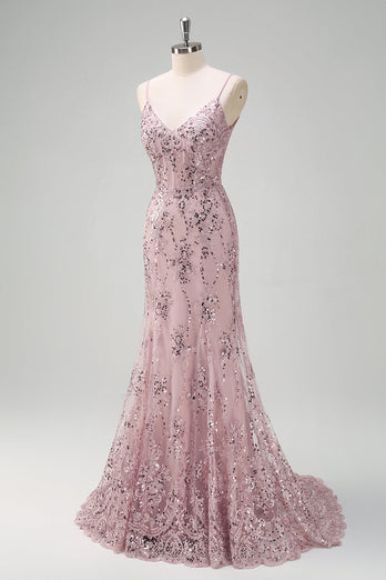 Sparkly Grey Pink Mermaid V Neck Sequined Prom Dress