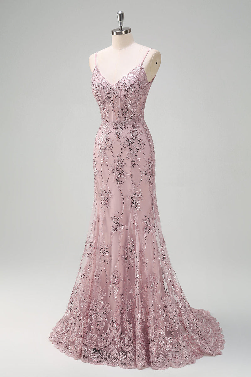 Load image into Gallery viewer, Sparkly Grey Pink Mermaid V Neck Sequined Prom Dress
