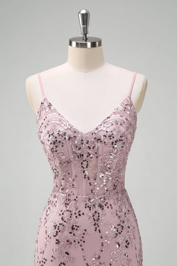 Sparkly Grey Pink Mermaid V Neck Sequined Prom Dress