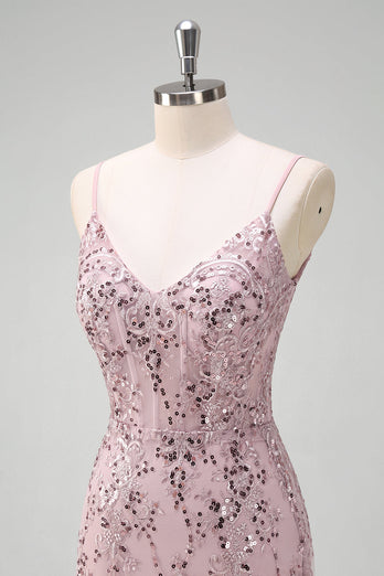 Sparkly Grey Pink Mermaid V Neck Sequined Prom Dress