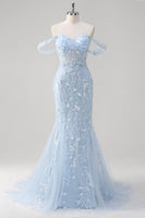 Load image into Gallery viewer, Off the Shoulder Blue Mermaid Sequin Floral Corset Prom Dress