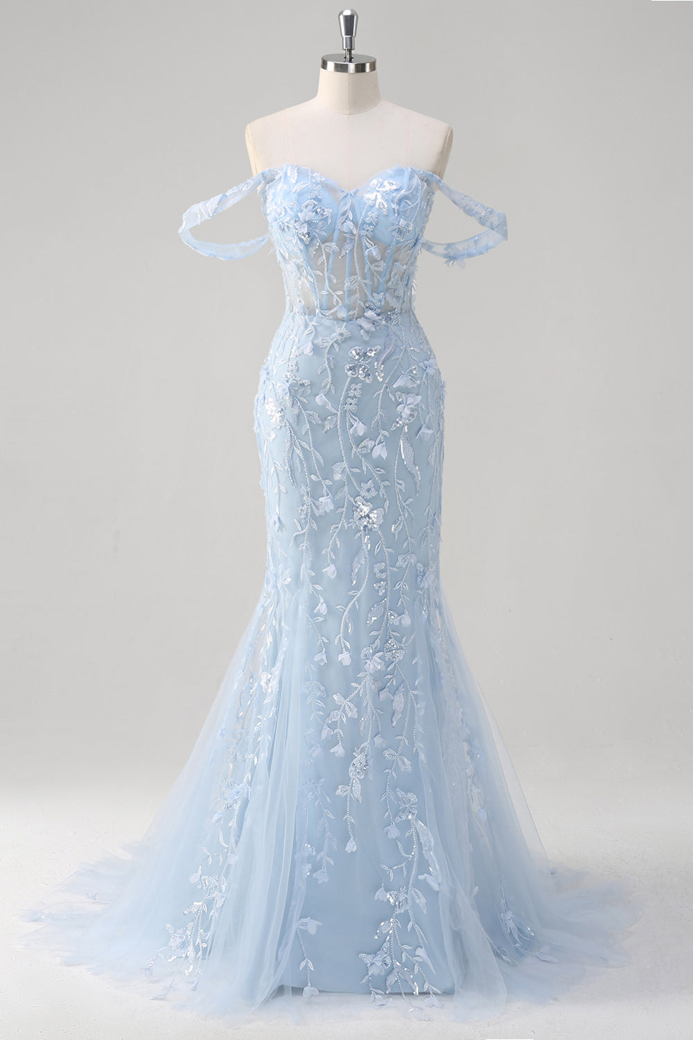 Off the Shoulder Blue Mermaid Sequin Floral Corset Prom Dress