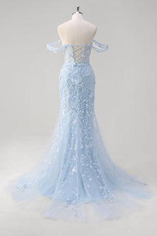 Off the Shoulder Blue Mermaid Sequin Floral Corset Prom Dress
