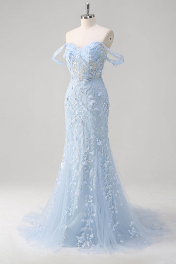Off the Shoulder Blue Mermaid Sequin Floral Corset Prom Dress