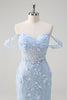 Load image into Gallery viewer, Off the Shoulder Blue Mermaid Sequin Floral Corset Prom Dress