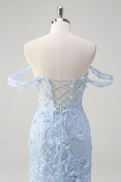 Load image into Gallery viewer, Off the Shoulder Blue Mermaid Sequin Floral Corset Prom Dress