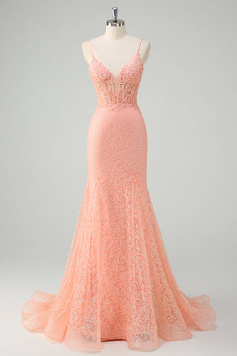 Orange Spaghetti Straps Mermaid Corset Sequined Prom Dress