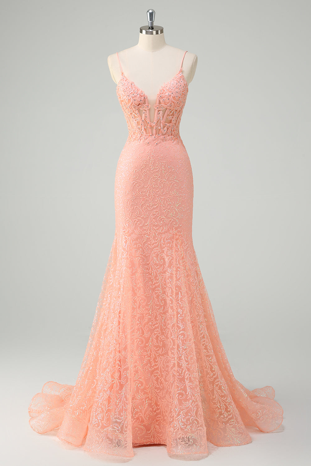 Orange Spaghetti Straps Mermaid Corset Sequined Prom Dress