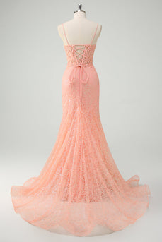 Orange Spaghetti Straps Mermaid Corset Sequined Prom Dress