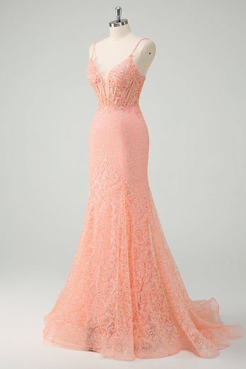 Orange Spaghetti Straps Mermaid Corset Sequined Prom Dress