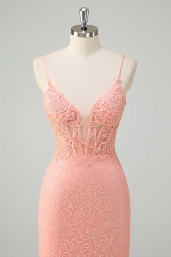 Orange Spaghetti Straps Mermaid Corset Sequined Prom Dress